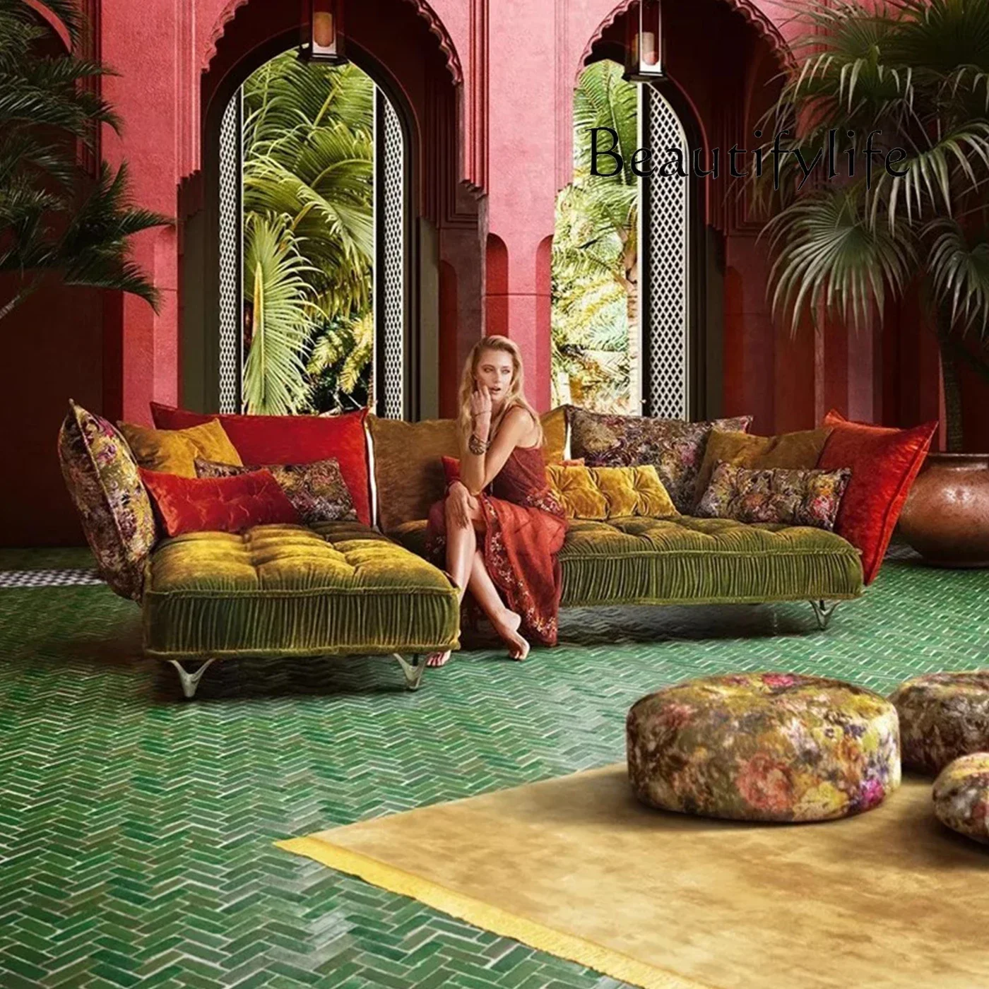 

J SS French Modern Simple Light Luxury Special-shaped Retro Pattern Fabric Corner Combination Sofa