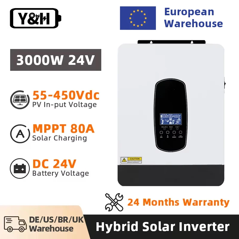 Y&H Hybrid Solar Inverter 1.8KW 3KW 12V 24V to 220V AC Off-Grid Pure Sine Inverter MPPT 80A Charge Controller PV Max 450V DC