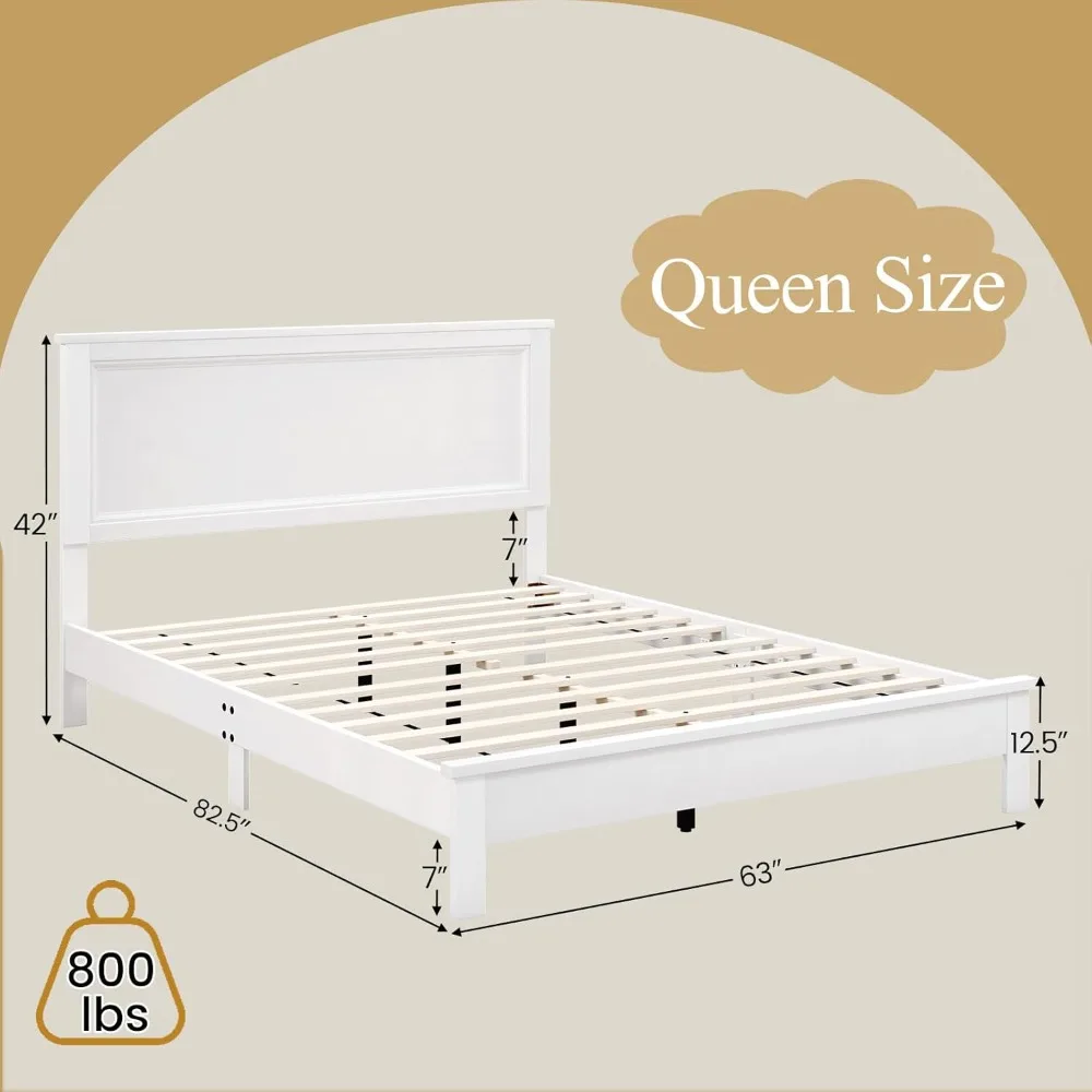 Queen Size Wood Platform Bed Frame with Headboard, Platform Bed with Slat Support & Under Bed Storage, No Box Spring Needed