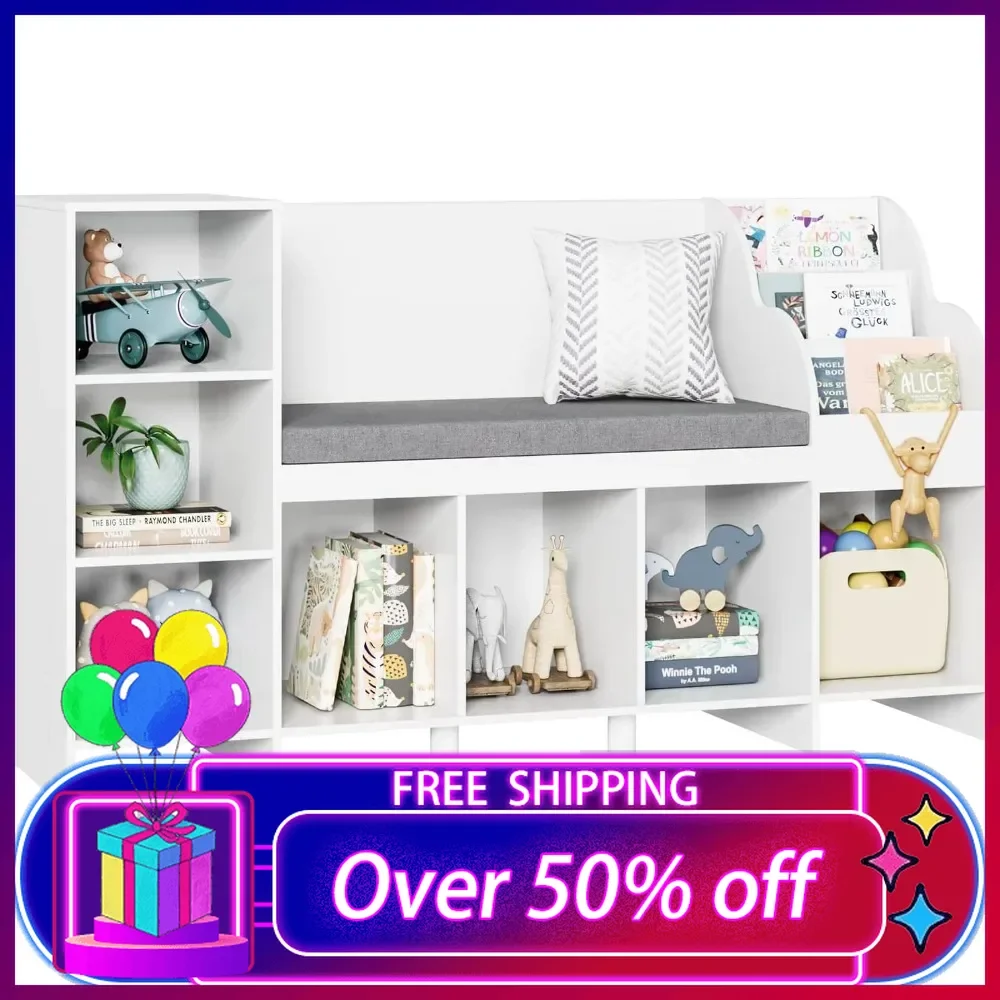 Kids Bookshelf with Reading Nook, Bookcase with Seat Cushion and Adjustable Shelf, Storage Bench with Book Rack for Bedroom