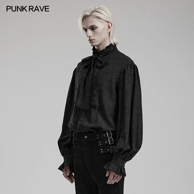 PUNK RAVE Men\'s Gothic Ruffled Small Standing Collar Jacquard Shirt Party Club Detachable Bow Tie Black Tops Shirts Men Clothing