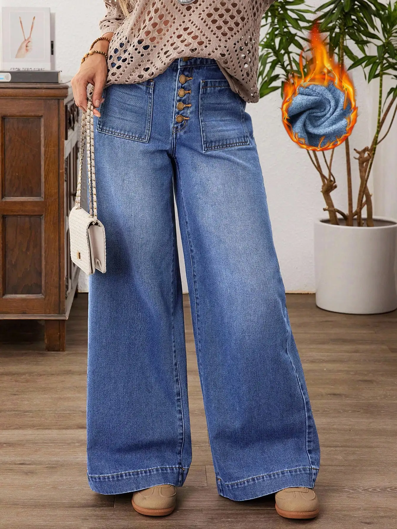 

Женские джинсы с высокой талией, широкими штанинами, термоизоляцией, с карманами на пуговицах спереди, свободного кроя для осени и зимы