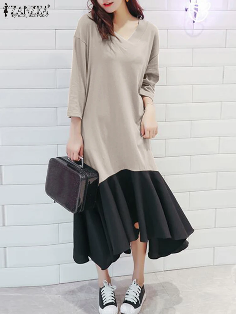 Casual 3/4 Sleeve Robes ZANZEA Elegant Colorblock Midi Dresses 2024 Autumn V-neck Sundress Women Irregular Hem Office Vestido