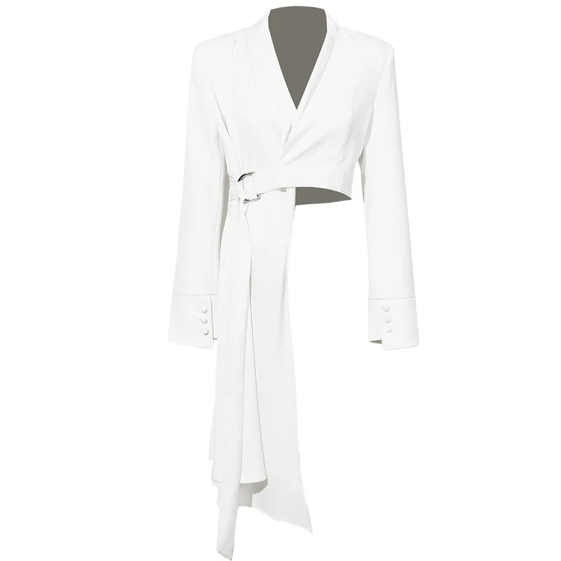 

GetSpring Women Blazer Full Sleeve Irregular Ladies White Suit Coat Belt Asymmetrical Women's Loose Long Suit Jacket Autumn 2024