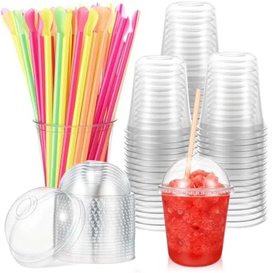 100 Sets 12 oz Clear Slushie Cups with Dome Lids and Snow Cone Spoon Straws, Disposable Smoothie Cold Drinking Cups for Parfait