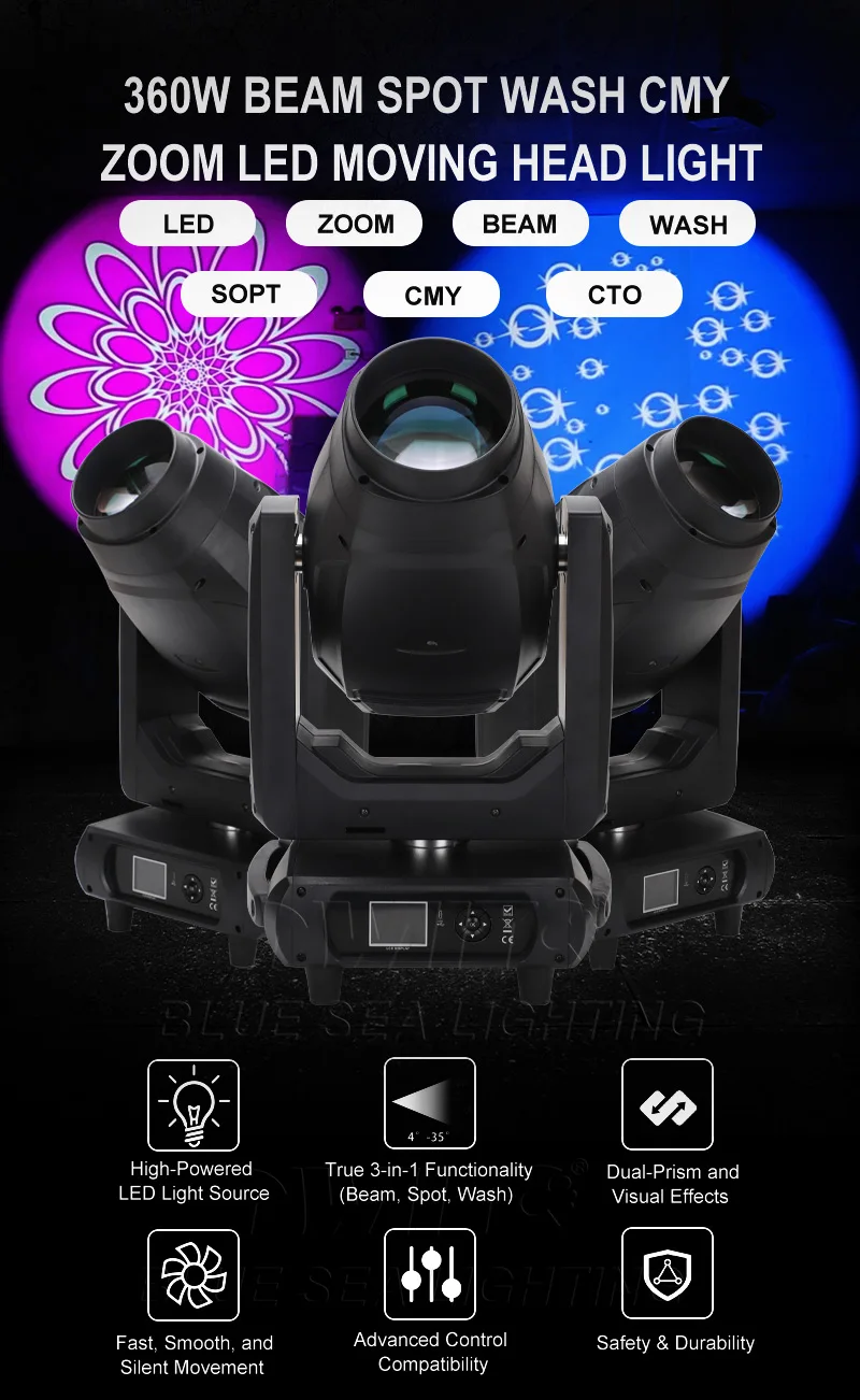 Big Event Super Beam Spot Wash 3in1 360w CMY + CTO Led Moving Head Light Double Prism Effect Light for Indoor Party Wedding