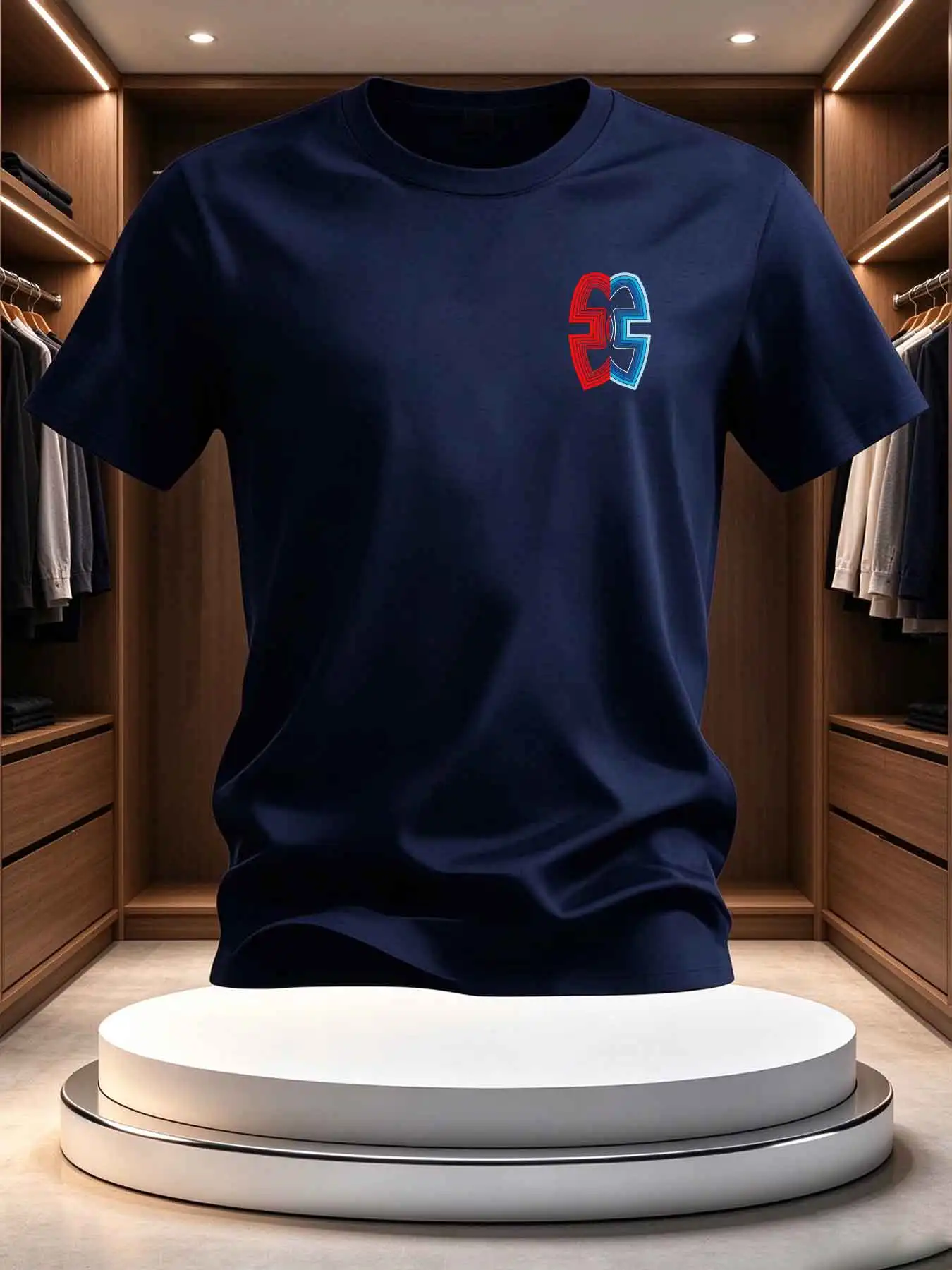 Unisex Crew Neck Short Sleeve T-shirt, Summer White Casual Top With Red Blue Line Print On Chest
