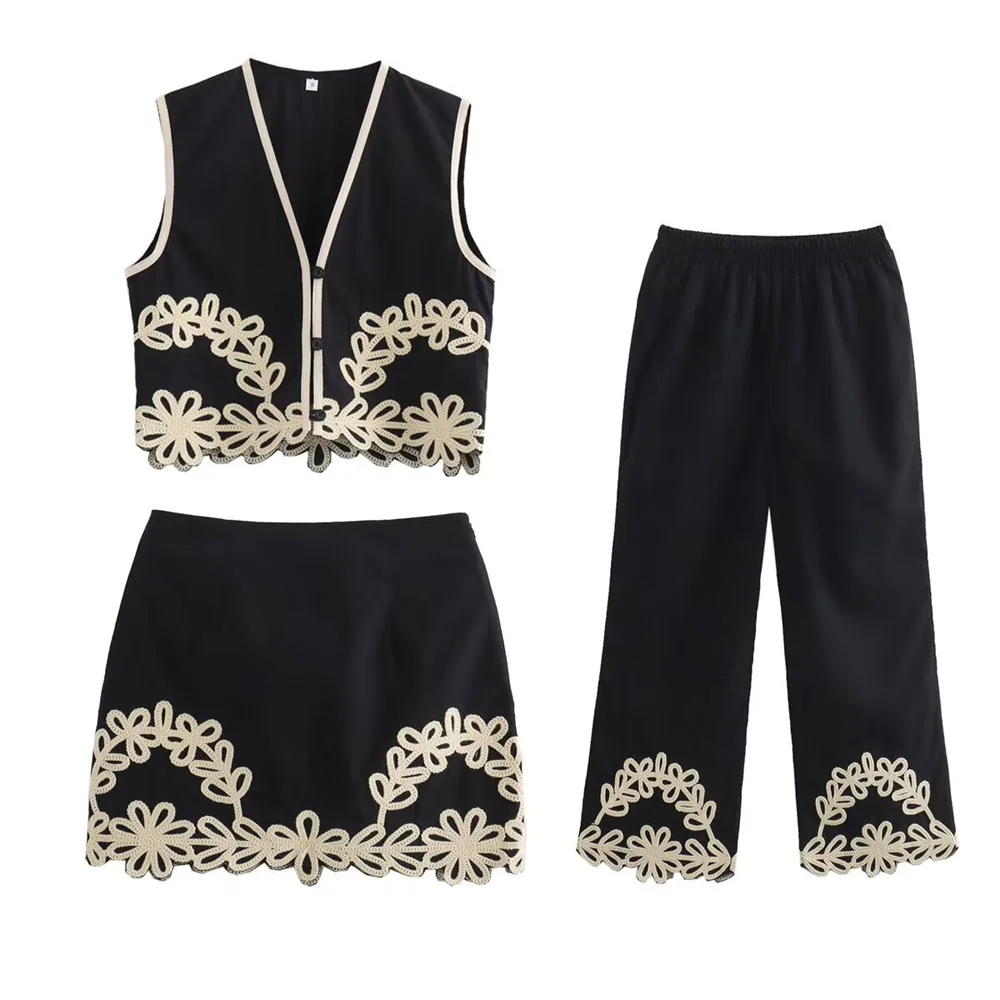 European And American Style 2024 Summer Women\'s New Fashion Embroidered Vest Top, Half Skirt, Long Pants Three Piece Set