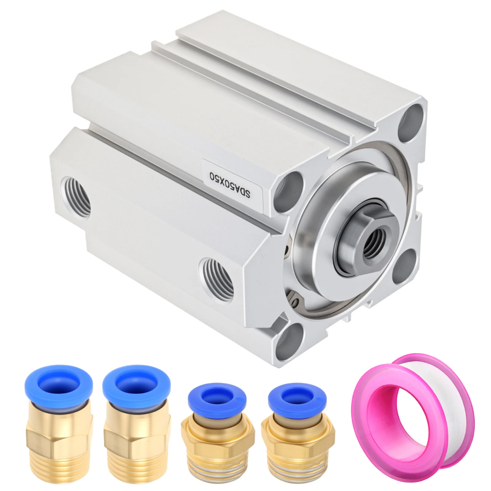 

50 mm Bore 50mm Stroke Pneumatic Components Sealing Thin Air Cylinder with PC6-02 Fittings, PC8-02 Fittings, Tape, SDA 50-50