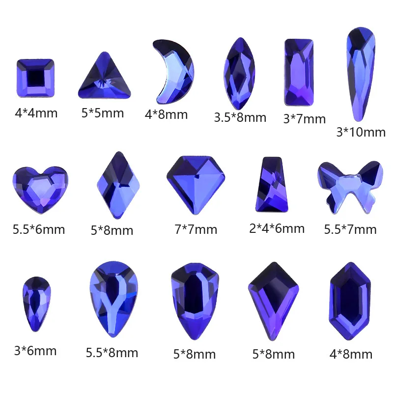 100/500pcs Sapphire Blue Boutique Flat bottom nail art rhinestones Glass crystal 3D nail decoration Multiple shapes wholesale