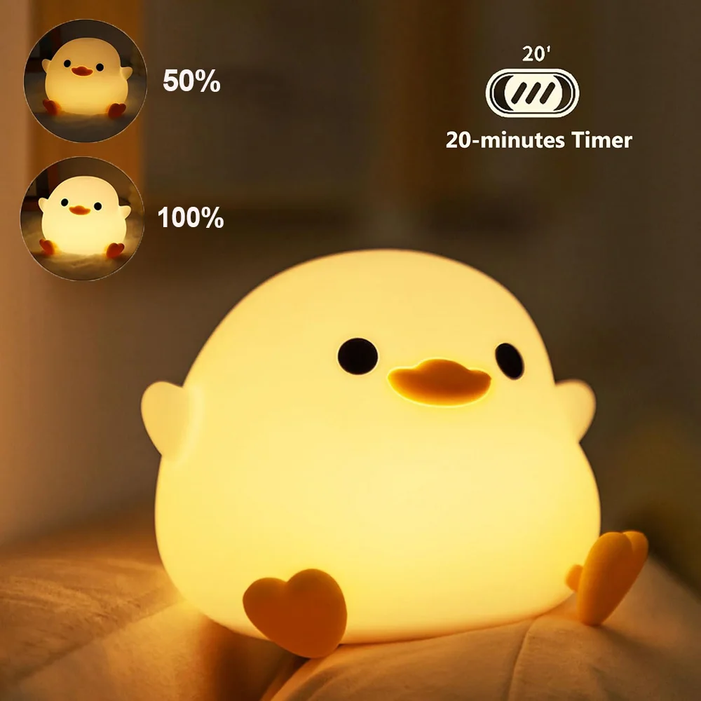 DoDo Duck Night Light Silicone Dimmable USB Rechargeable LED Bedside Lamp 20 Minutes Timer Touch-Sensitive Nursery Nightlight