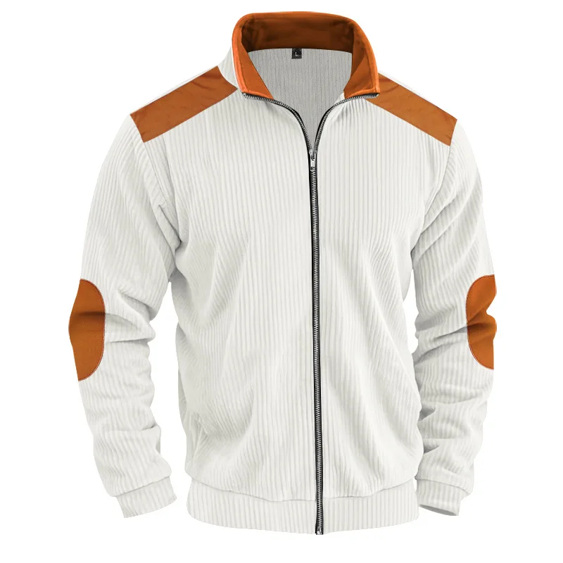 Herren Stehkragen Cordjacke, Farbblock-Design, Reißverschluss-Mantel, Retro, Locker Geschnitten, Lässig, Langarm, Herbst-Winter, Alltag, Streetwear – Detail 3