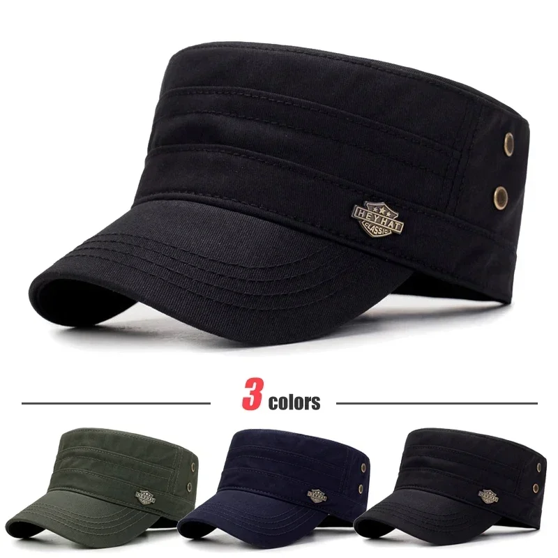 Unisex Metal Logo Cotton Adjustable Flat Army Cap New Fashion Classic Outdoor Casual Sport Hat Strap Adjustable Stretch Strap