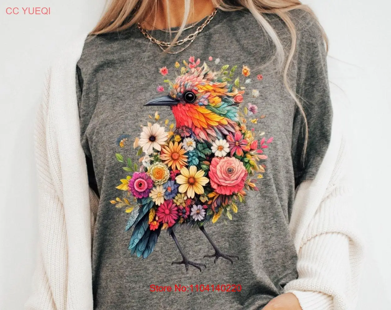 Flower Bird T Shirt Floral Lover Nature Flowers Animal Boho long or short sleeves