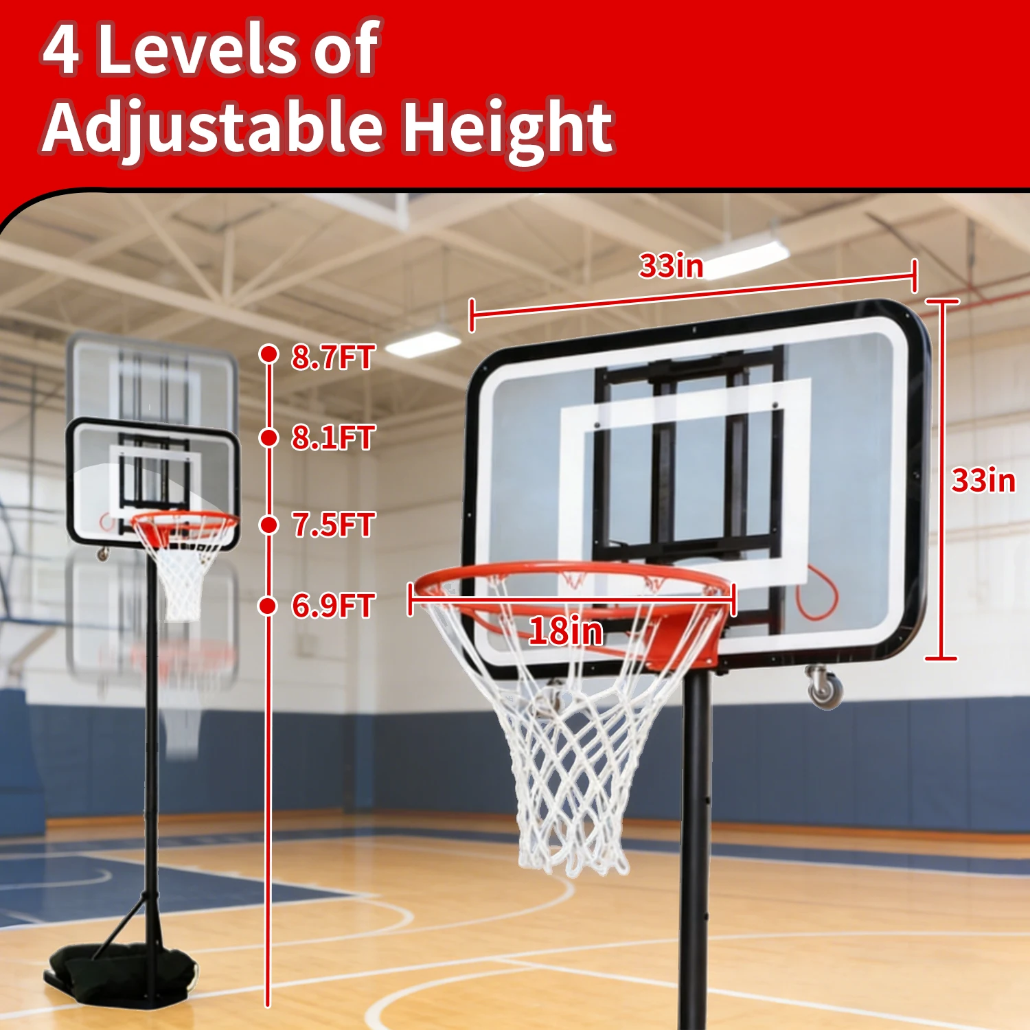 Portable Height Adjustable Basketball Hoop Goal With Tempered Glass Backboard