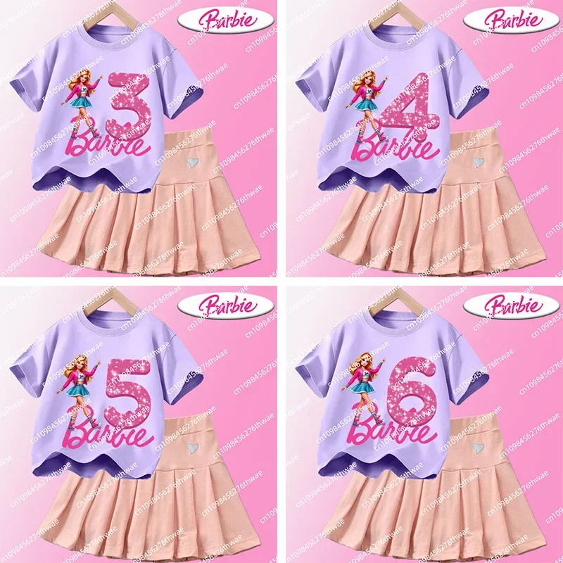 

2025 New JK Uniform - 1-12 Years Old Children Pleated Skirt Set with Barbie Doll T-shirt Cartoon Print Cute Girl Casual Top