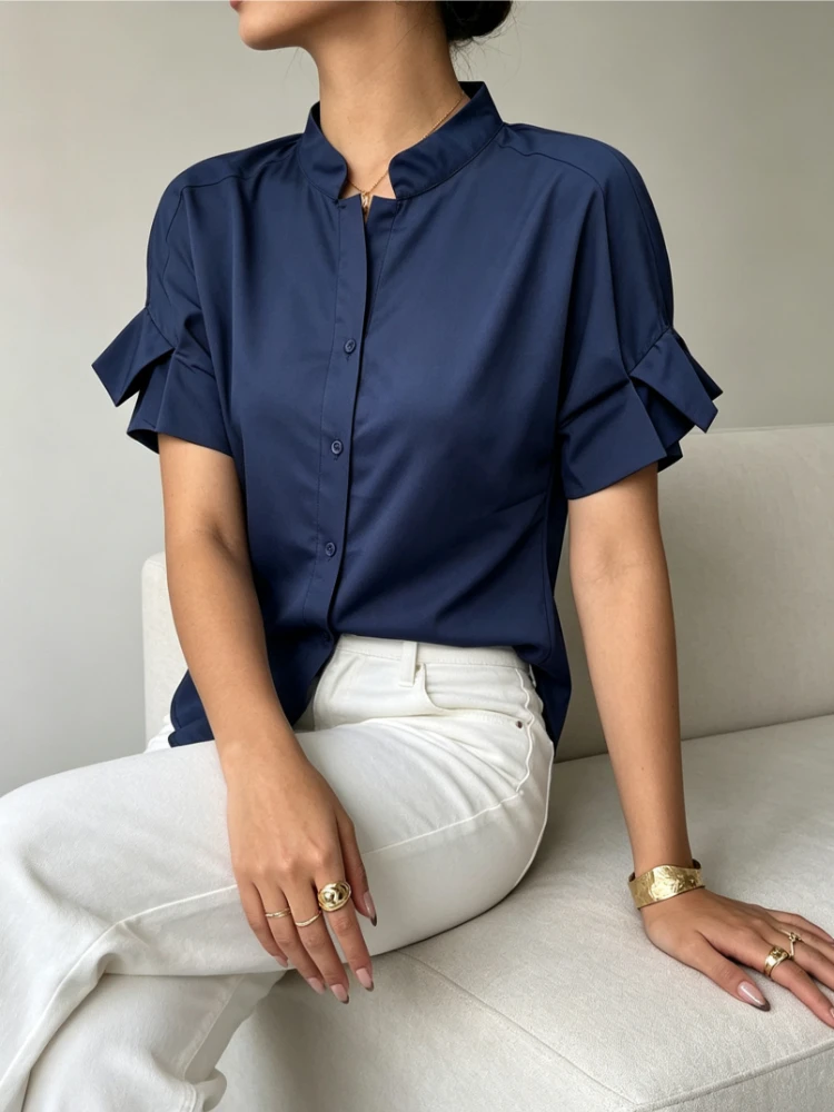 New Summer Navy Blue Stand Collar Short Sleeve Blouse, Single-breasted Buttons, Elegant Versatile Commuter Casual Daily Wear
