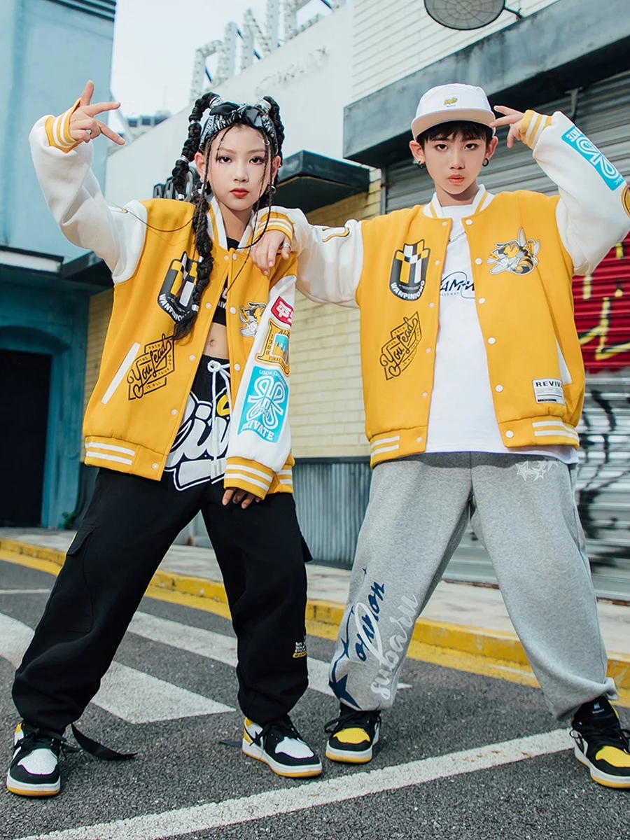 

2023 Jazz Modern Dance Costumes For Kids Yellow Baseball Coat Loose Pants Suit Girls Boys Hip Hop Dance Rave Clothes DQS14843