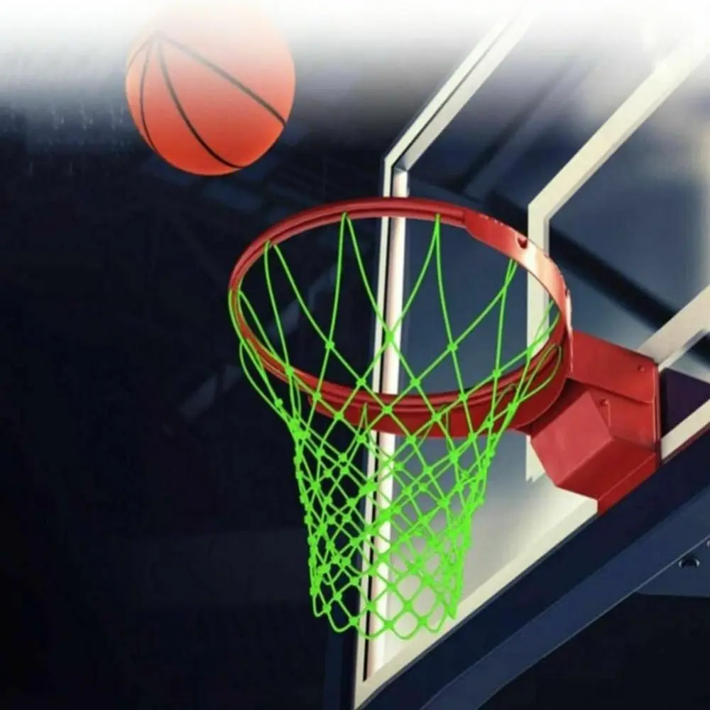 Rede de basquete com brilho de nylon, tamanho padrão, durável, luz noturna, rede de basquete luminosa, fácil de instalar, 12 laços