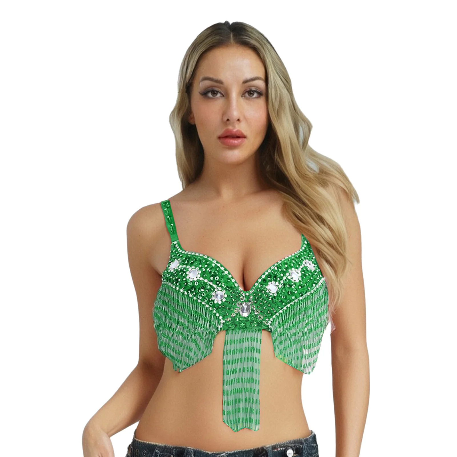 Sujetador para danza del vientre para mujer, Tops con lentejuelas brillantes, cuentas de plástico, flecos, sujetador con aros, Push Up, Balconette, Salsa, Rumba, traje de baile