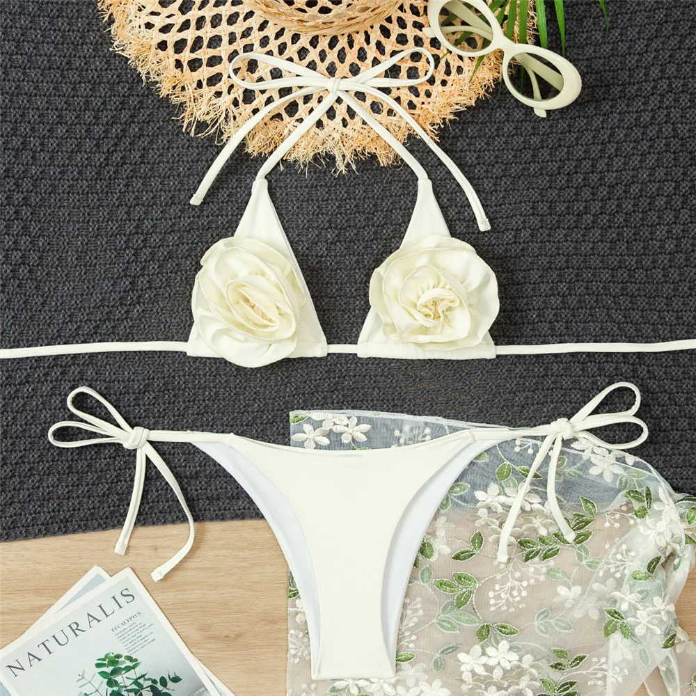 

3D цветок однотонный белый купальник Холтер стринги треугольник микро бикини стринги сексуальный купальник женский 2026 купальный костюм комплект бикини