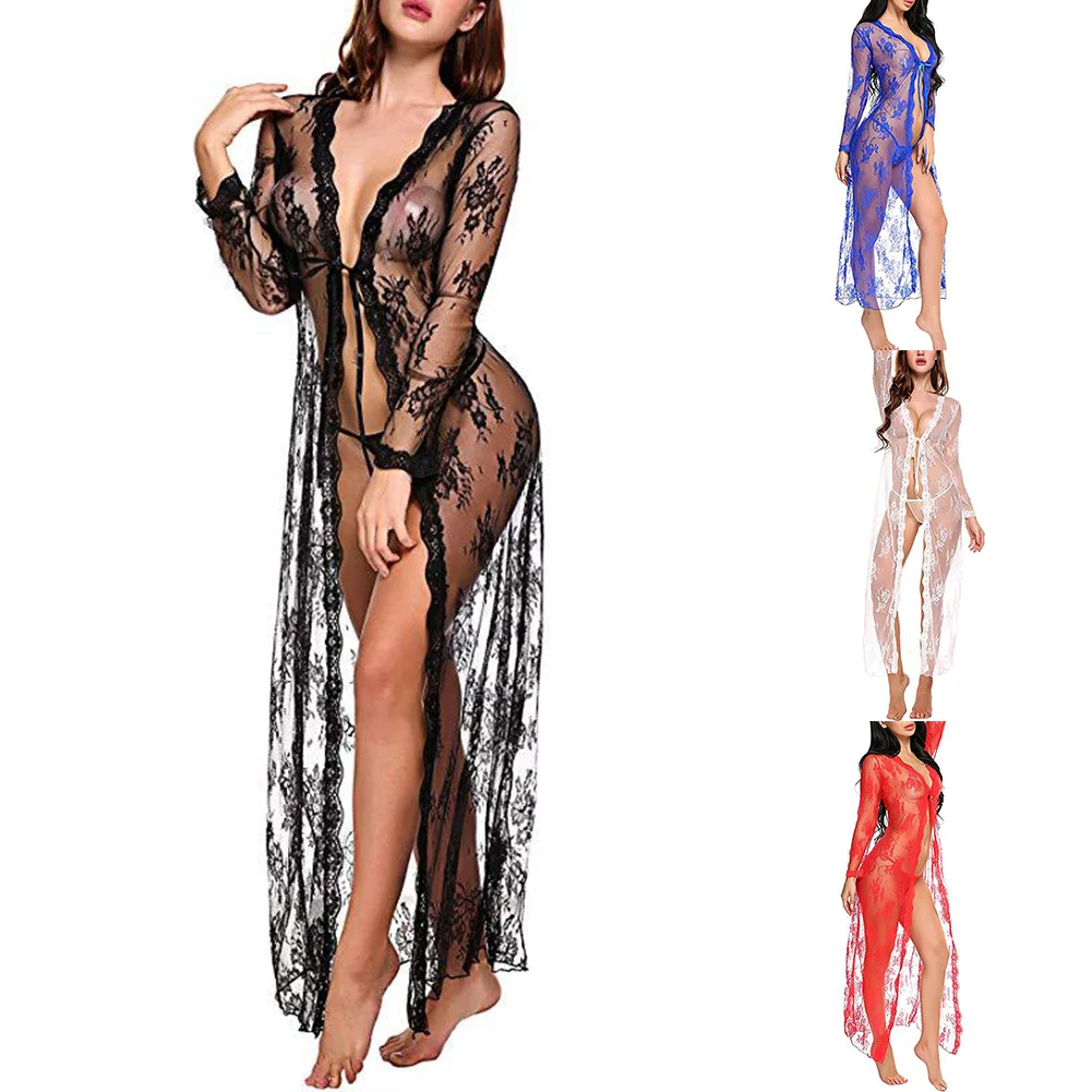 Women Nightrobe Sexy Transparent Lingerie Long Lace Dress Sheer See Through Kimono Robe Dress Nightgown Exotic Costumes