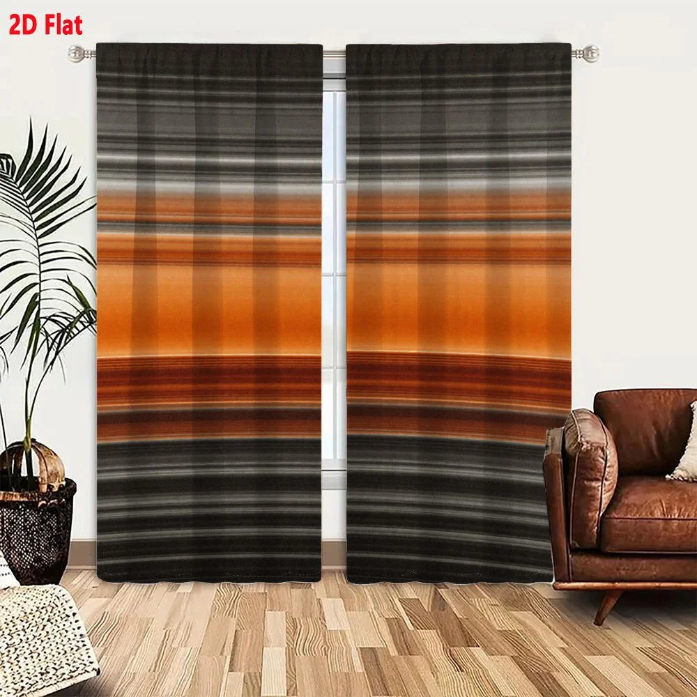 2Pcs Curtains 2D Flat Horizontal Curved Lines Gradient Pattern With Gray Brown Orange Bands Symmetrical Wave Design Polished Smo