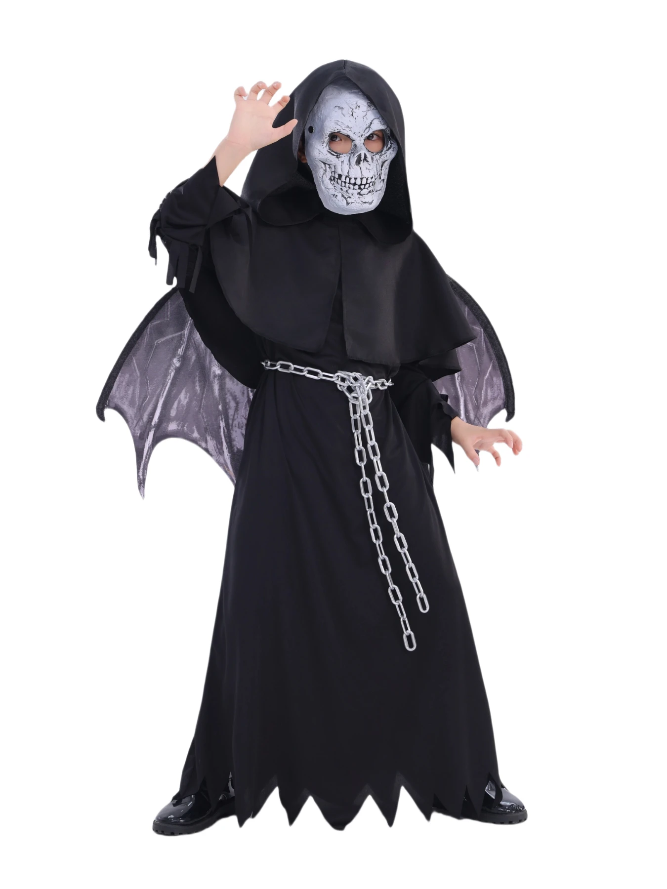 

Kids Winged Grim Reaper Costume Set: Robe, Shawl, Chain Belt, Wings & Mask. Ideal for Halloween, Cosplay Parties & Role-play.