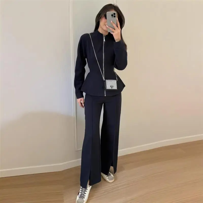 

Sexy Casual Stand Collar Zipper Long Sleeve Waist Cinching Trendy Long Pants Women's Fashion Cross-Border Clothing Set 2026