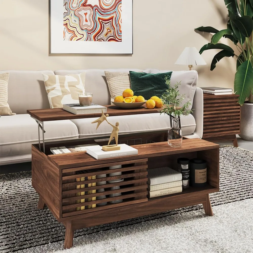 Mid-Century Modern Lift-Top Coffee Table with Storage for Living Room, Walnut Finish