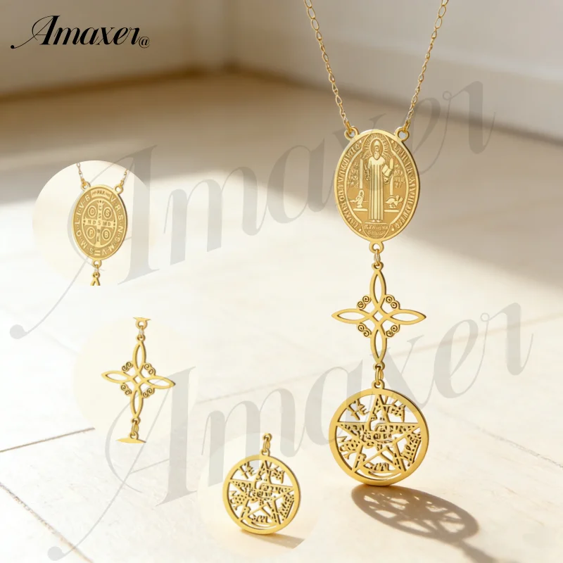 Saint Benedict/Michael Medal Stainless Steel Virgin Mary Necklace for Men Women Bible Verse Protection Necklace Catholic Jewelry