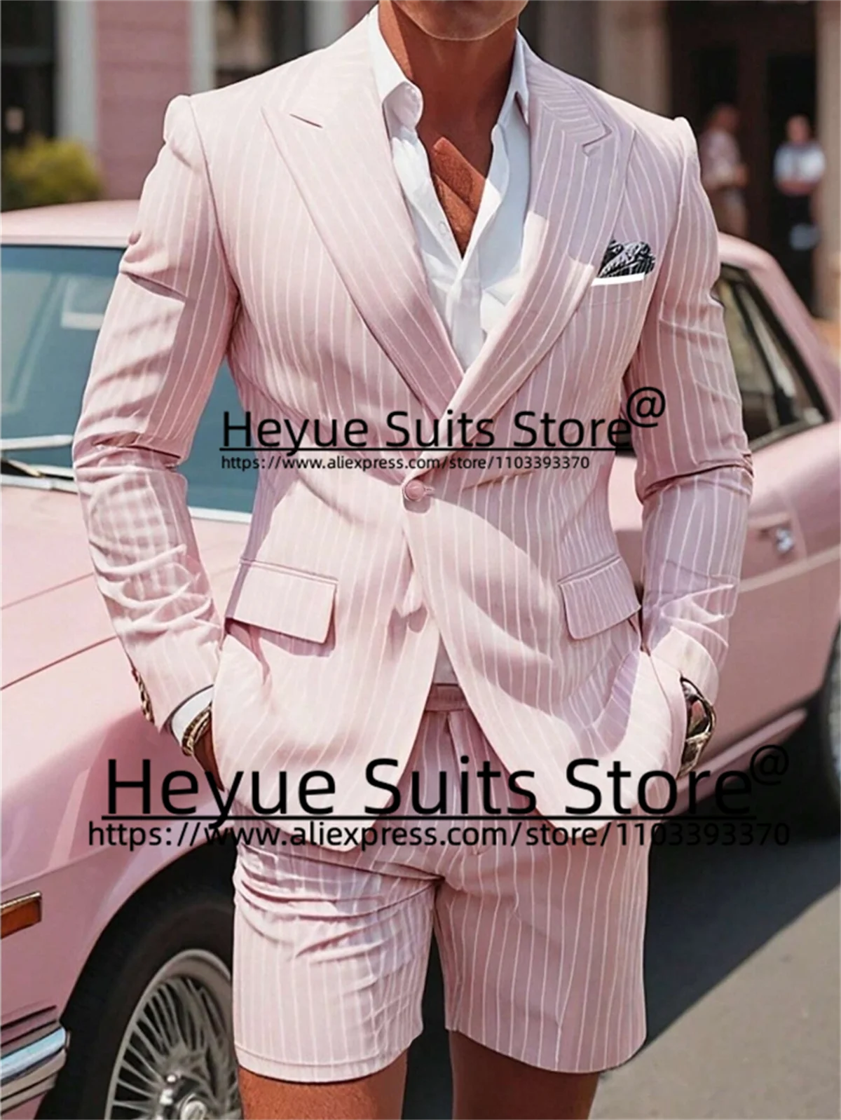 Pink Striped Business Men Suits Slim Fit Peak Lapel Groom Wedding Tuxedos 2Pcs Set High Qublity Jacket+Cool shorts Costume Homme