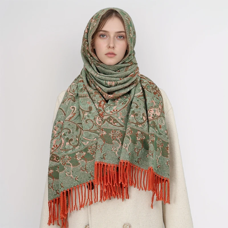 Winter Warm Thick Ethnic Style Jacquard Scarf Outdoor Women Travel Paisley Cashmere Tassel Shawl Neck Wrap Pashmina Floral