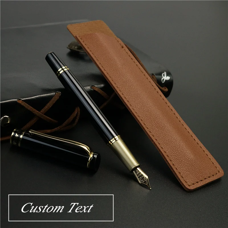 Custom Text Fountain Pen With exquisite leather Pencil case No ink in the pen Gold text iridium high-quality pen tip