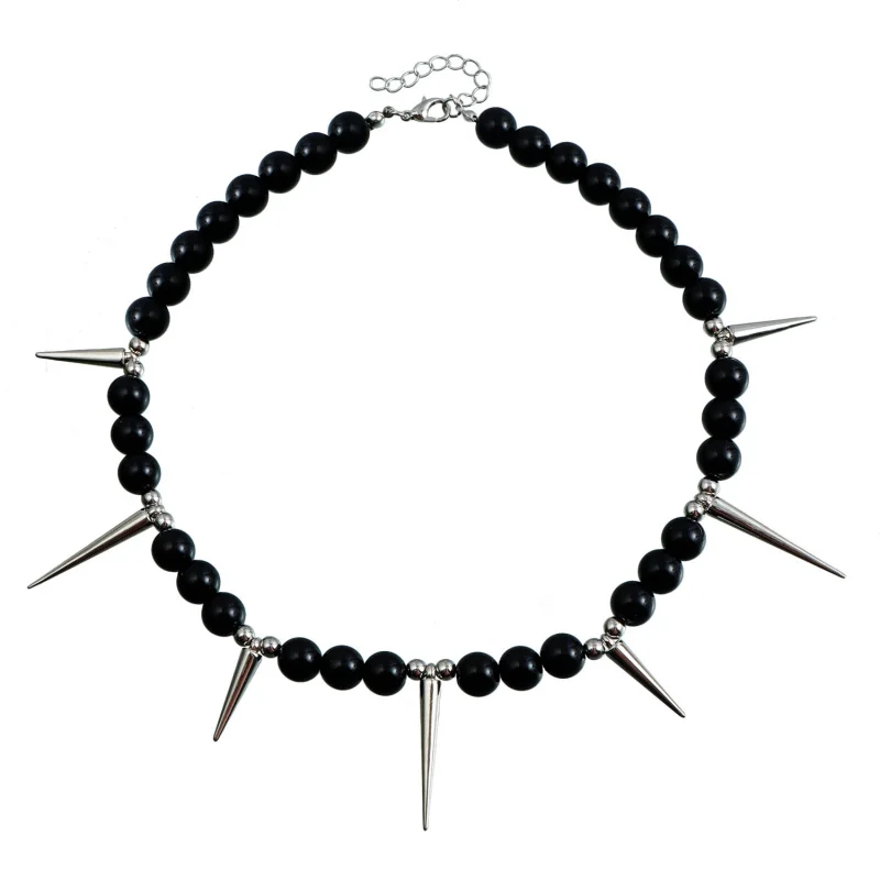 InsPunk نمط القوطية الترقوة سلسلة شخصية اللؤلؤ الأسود مدبب قلادة