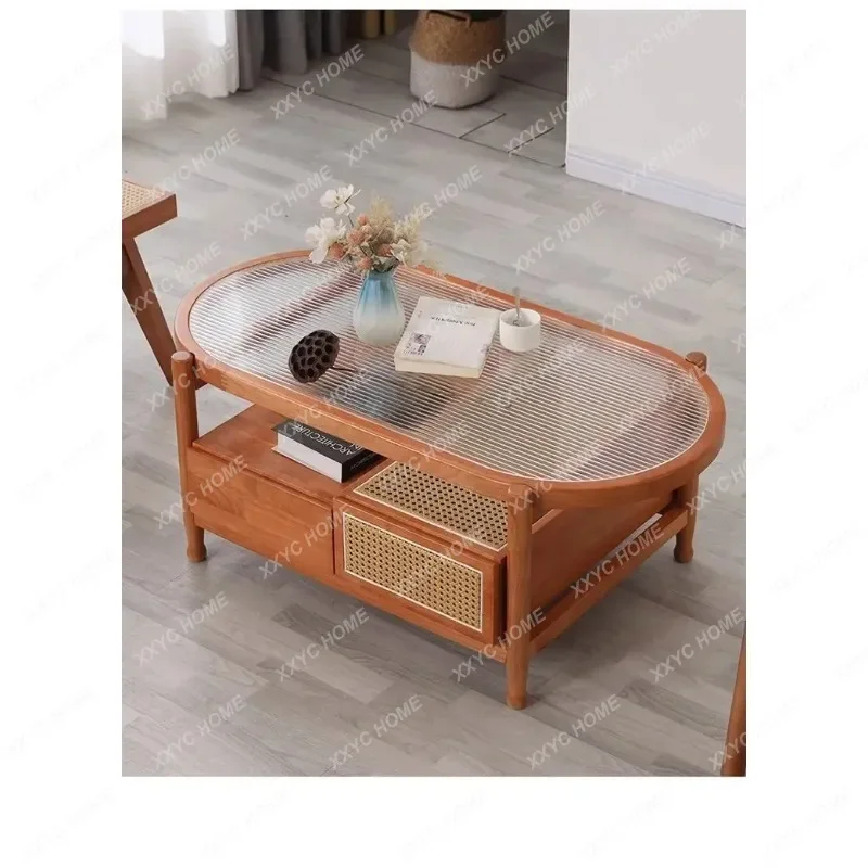 

GGLight luxury solid wood Changhong glass double layer with drawers round home living room rattan tea table