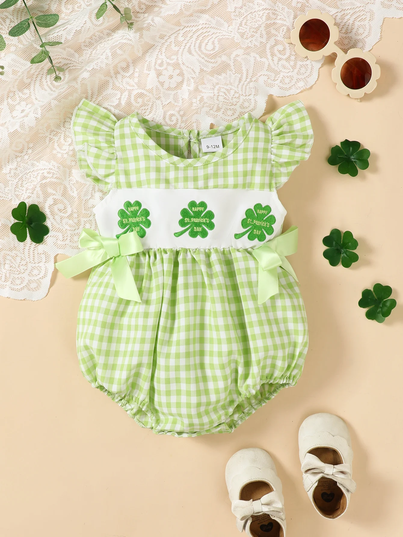 0-2Y Baby Girl Fashion Summer Jumpsuit With Plaid Clover Print Fly Sleeves +Bow Tie Bodysuit Newborn Baby Fresh Climbing Suit