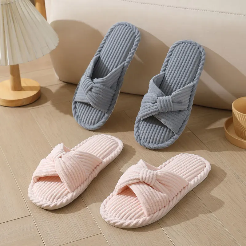 Fashion Women's Slippers Winter Bow Bedroom Soft Sole Cotton Slippers Exposed Toe Lightweight Comfortable Leisure Home Man Shoes