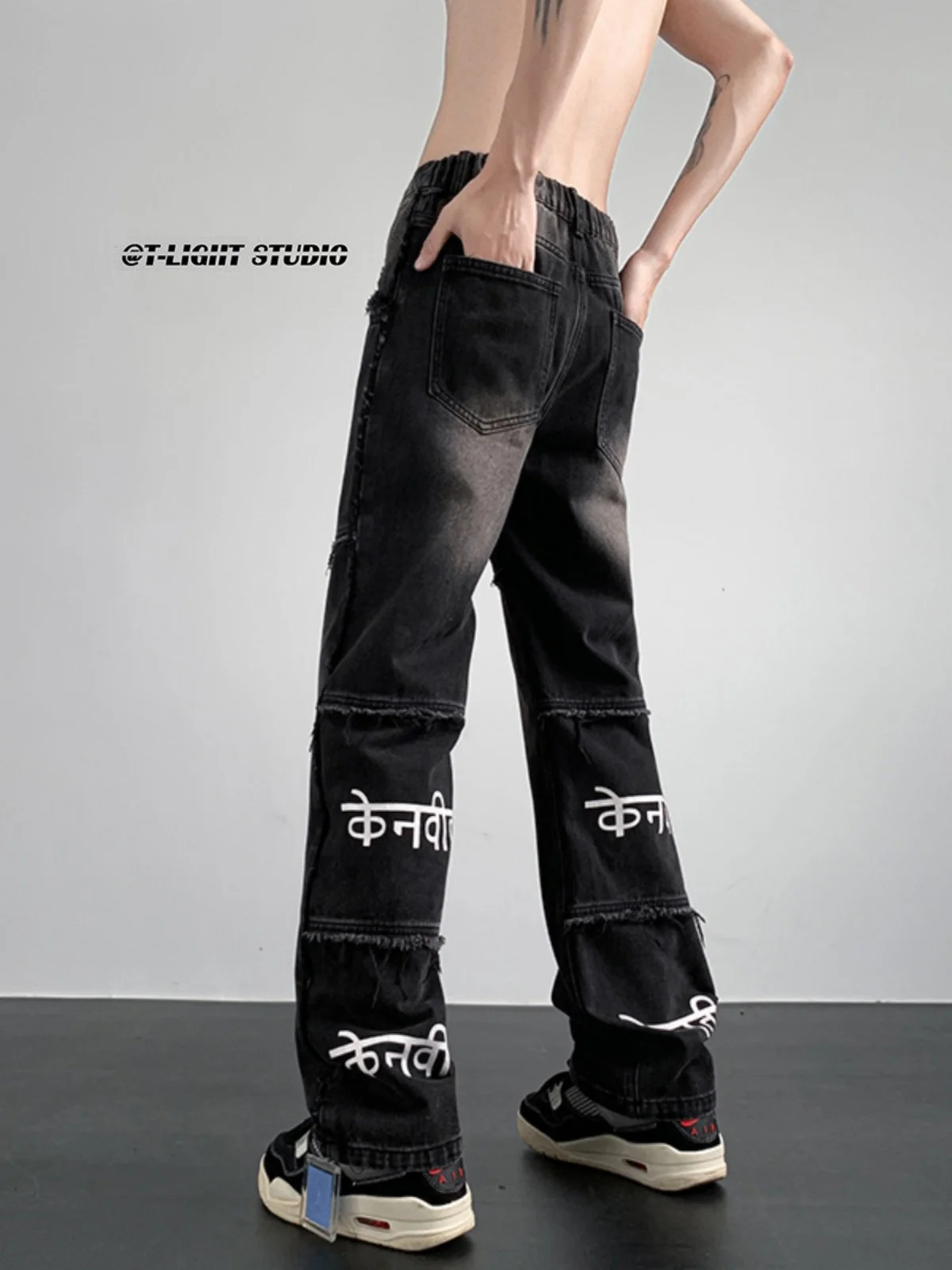 

American High Street Sle Men's Jeans Printed Oversize Loose Straight Leg Long Trousers with Frayed Hem Youth Faion