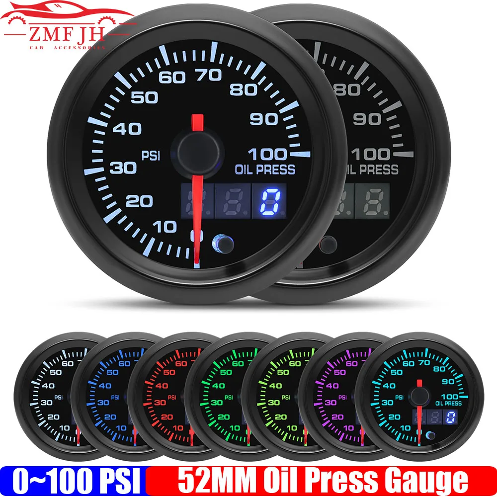 Auto Digital 0~100 PSI 52mm Oil Pressure Gauge with Sensor 1/8NPT 7 Color Light Oil Press Meter for Gasoline Racing Car 12V