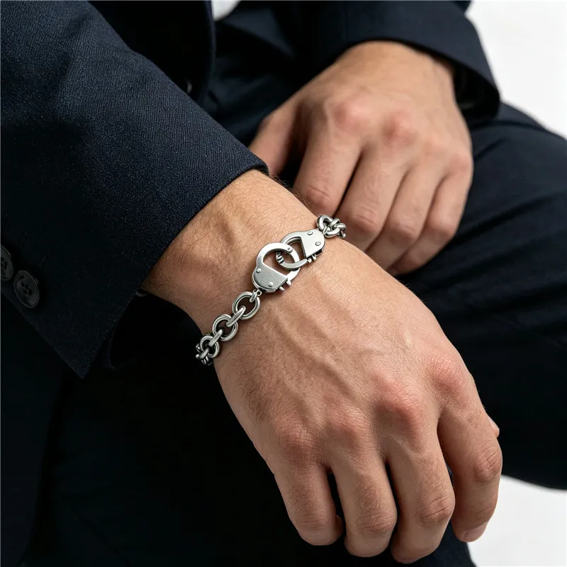 Kalen Edelstahl-Handschellen-Armband für Männer, Punk-Stil, Polierte Ovale Kette, Rock-Biker-Party-Schmuck, Geburtstagsgeschenk – Detail 2