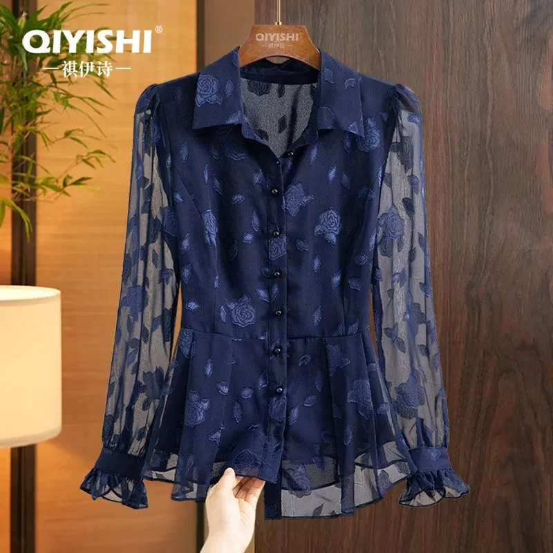 

Fashion Embroidered Floral Chiffon Blouse Women Long Sleeve Turn-down Collar Button-down Shirt Elegant Slim Retro Casual Tops