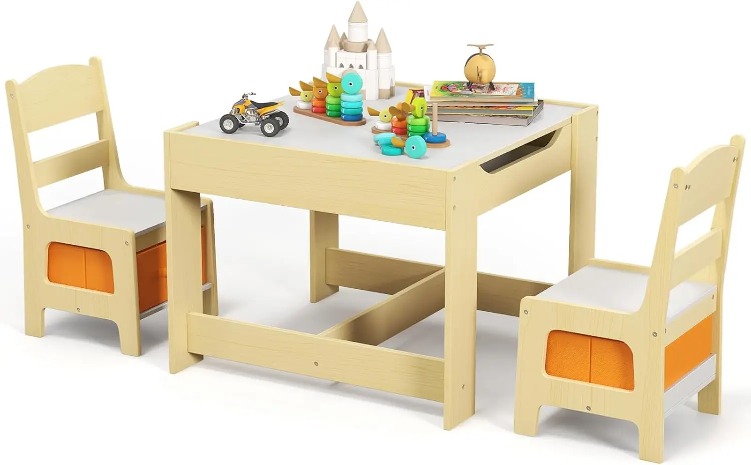 Kids Table and Chair Set, 3 in 1 Wooden Activity Table with Storage Drawer, Detachable Tabletop for Children Drawing Rea