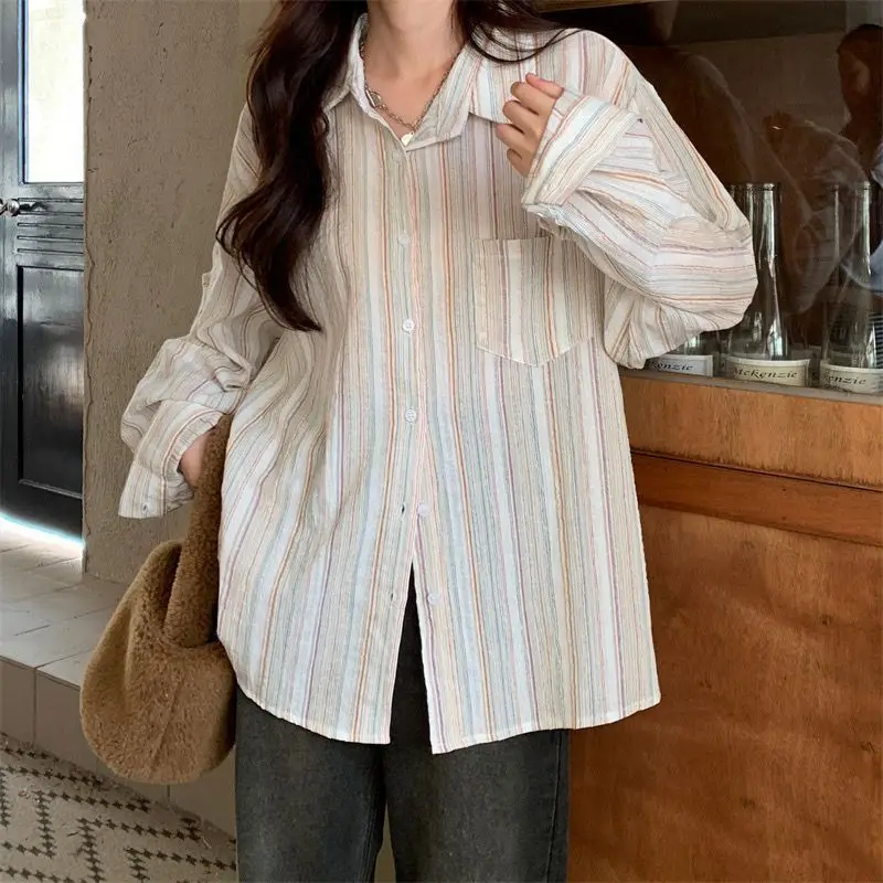 Vintage Striped Shirt Women Fashion Elegant Long Sleeve Turn Down Collar Loose Tops Korean Office Ladies Thin Chic Casual Blouse