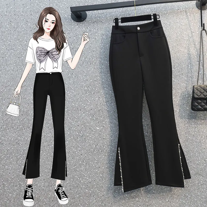 

Женские летние тонкие брюки-клеш с высокой талией, модные, с жемчугом, широкие, больших размеров, эластичные, утягивающие, длиной 7/8