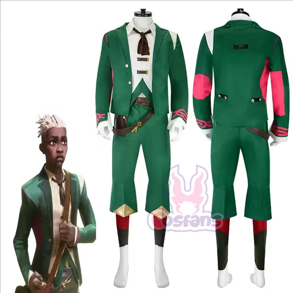 Game LOL Arcane 2 Ekko Boy Who Shattered Time Cosplay Costume Green Coat Stripe Shirt Uniform Man Halloween Carnival Party Suit