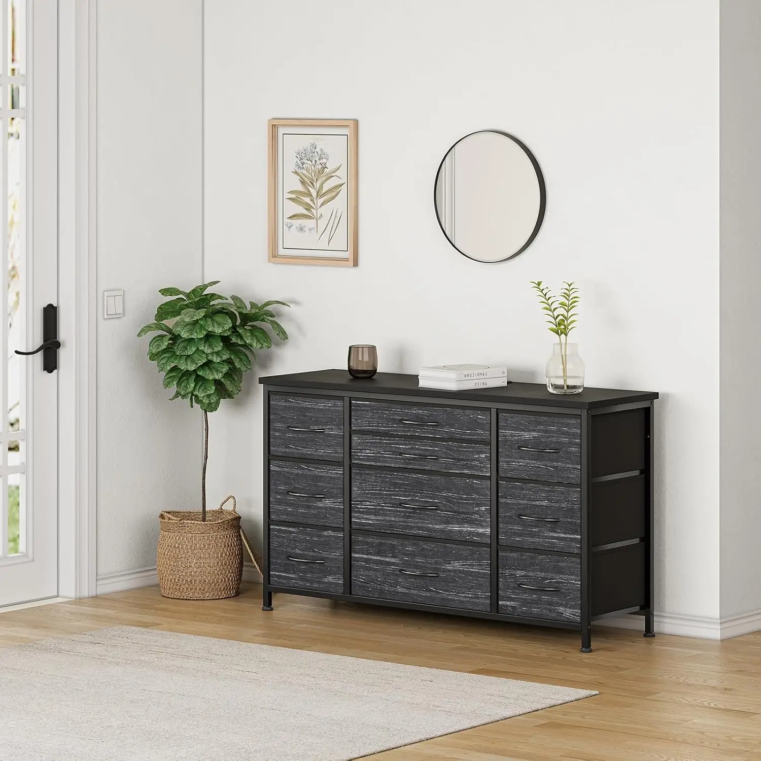 TV-Ständer Kommode für Schlafzimmer mit Ladestation 10 Stoffschubladen Rustikaler TV-Ständer Medienkonsole für Fernseher bis zu 55 Zoll – Detail 16