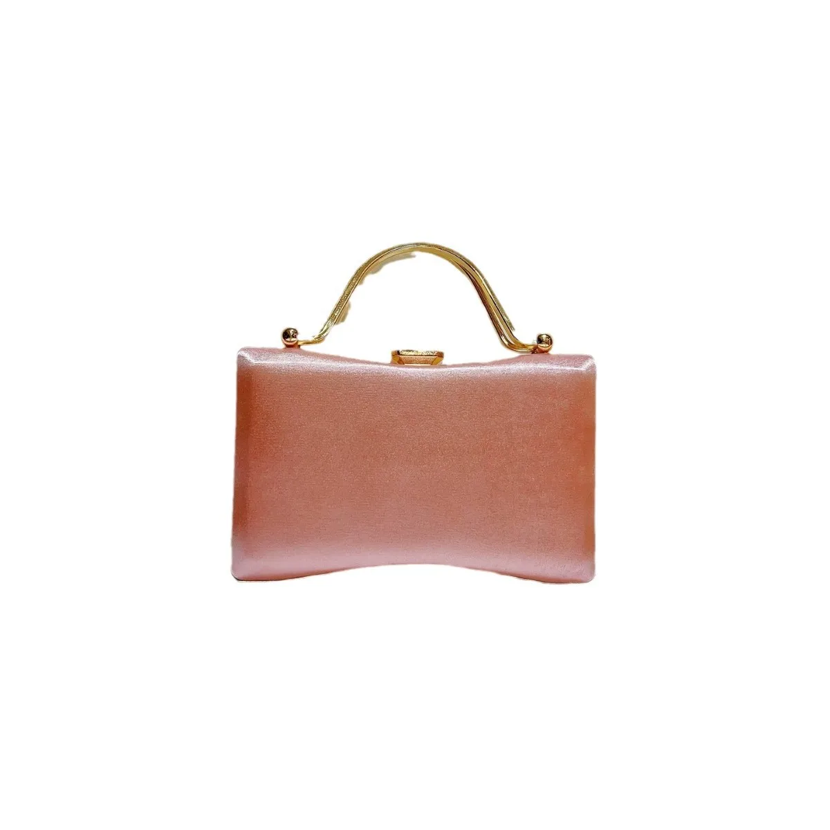 Nude Pink Soft Satin Minimalist Curved Gold Handle Clutch Luxury Gentle Evening Purse For Mature Women Daily Wedding Versatile