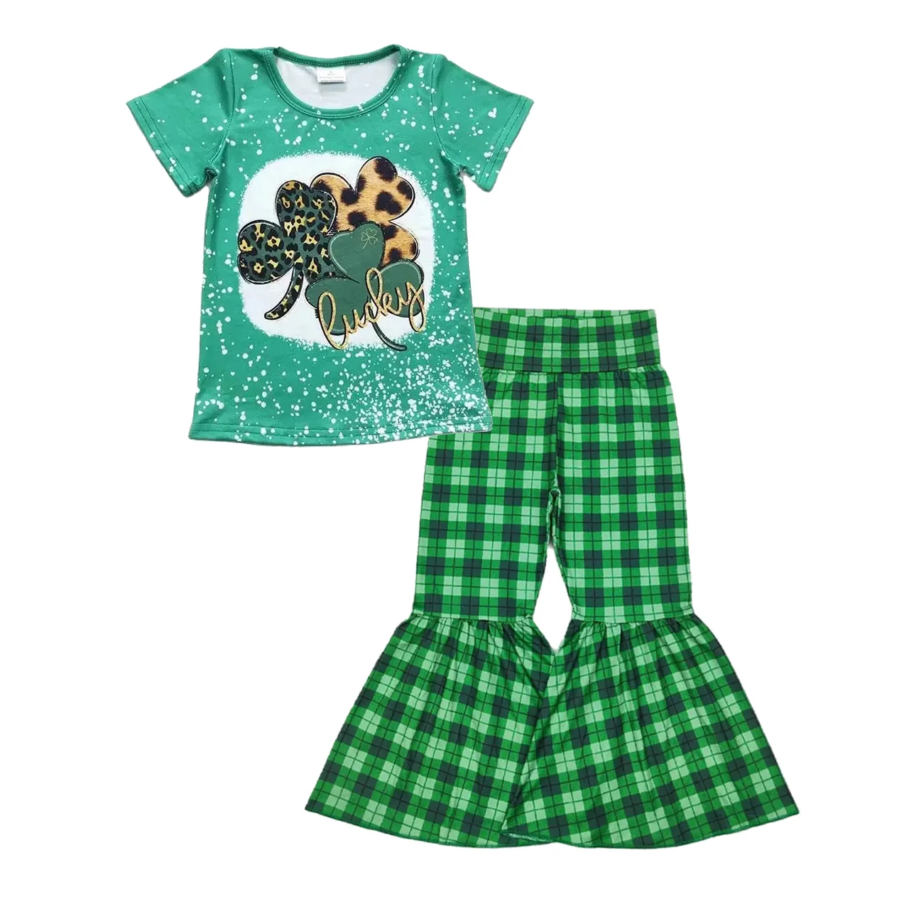 

Wholesale St. Patrick's Day Toddler Kid Outfit Baby Girl Green Short Sleeves Clover Shirt Plaid Bell Bottom Pants Children Set