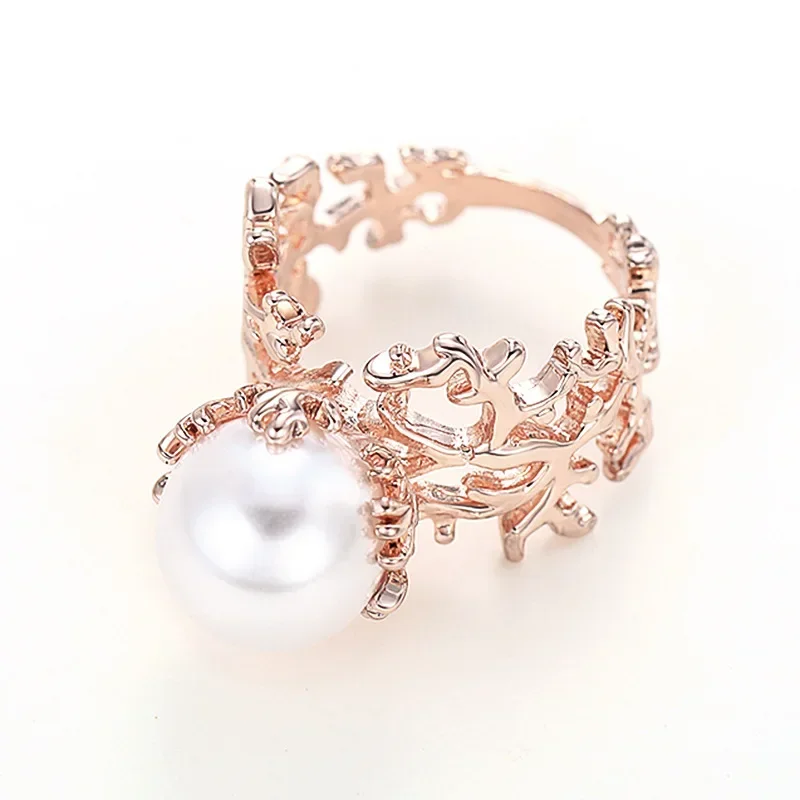 2026 New Western Palace Antique Style Design Hollow Out Ring Pattern Tree Branch Coral Pearl Finger  Wholesale